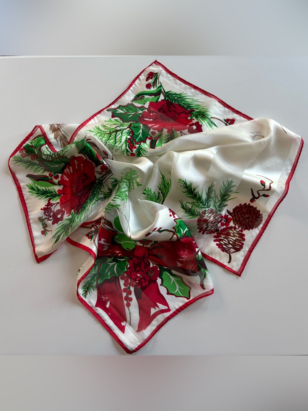 Elaine Gold for XIIX Red Green and White Floral Festive Silk Scarf
